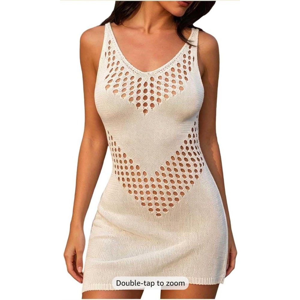 NWT Size LG Ivory Open-Knit Sleeveless Swimsuit Cover Up Dress